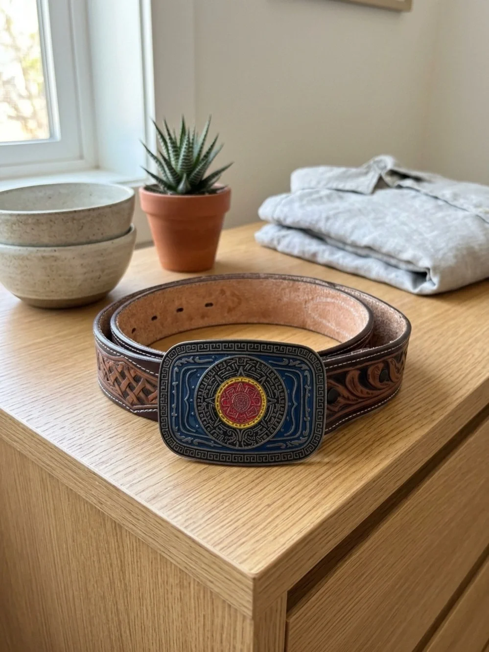 Justin Tooled Leather Belt Enamel Aztec Calendar Buckle Made in Mexico Western